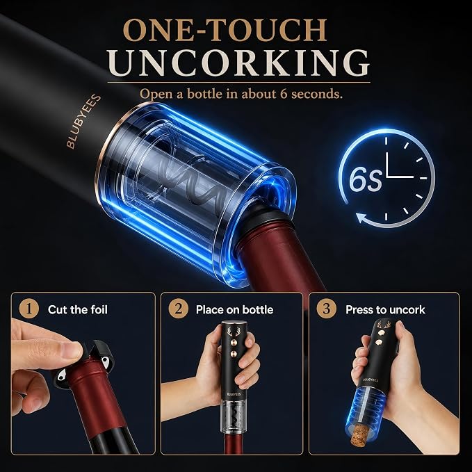 BLUBYEES 4-in-1 Electric Wine Opener Set – Rechargeable Automatic Corkscrew, Foil Cutter, Aerator & Vacuum Stopper, Wine Accessories Gift Set for Dad, Father’s Day Gifts for Men, Husband, Wine Lovers