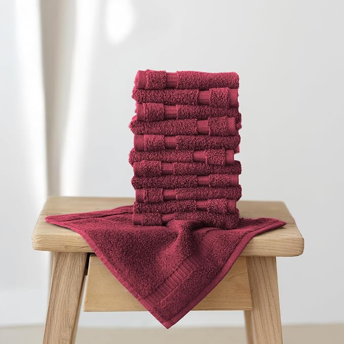 SALBAKOS 12-Piece 100% Turkish Cotton Washcloths and Face Towels, Wine | 13x13 in Standard Size Small Towel, Multi-use Bathroom & Kitchen, Thick Super Soft Absorbent Durable, Oeko-Tex Made in Turkey