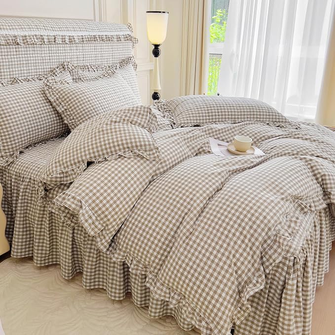 mixinni Tan Gingham Ruffle Duvet Cover King Size 3 Pieces – 100% Washed Cotton, Vintage Plaid Ruffled Bedding Set with Zipper Ties, Soft Cream Checkered Grid Farmhouse Chic Comforter Cover Set