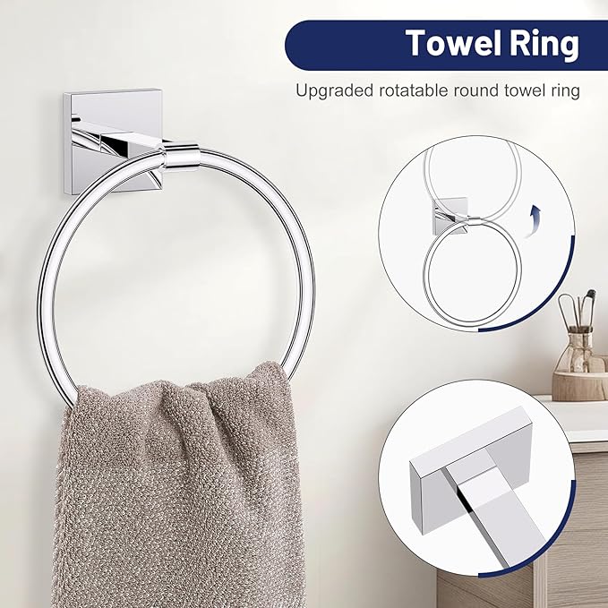 Towel Ring Set 4 Piece Bathroom Hardware Set Includes Towel Ring 2 Towel Hooks and Toilet Paper Holder Stainless Steel Wall Mounted (Polished Chrome)