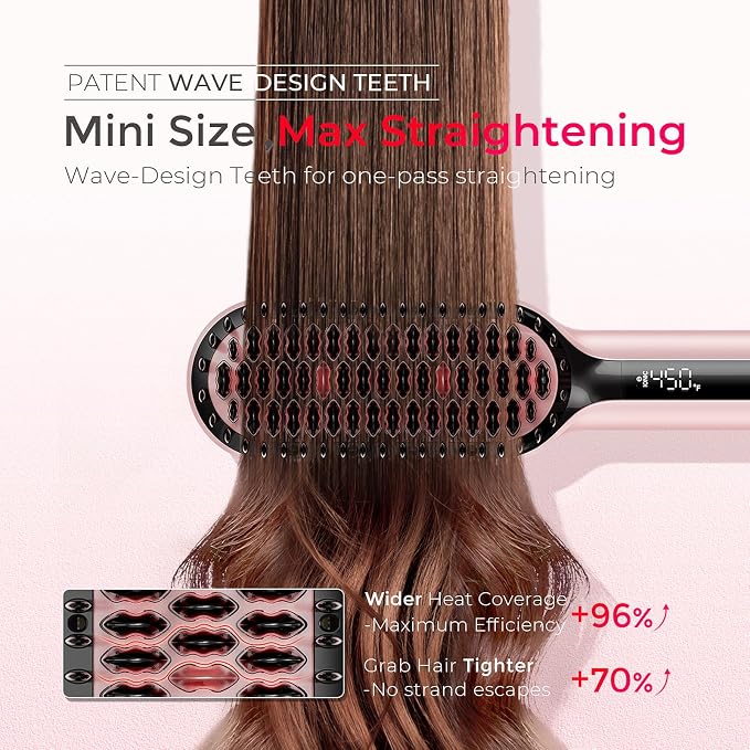 TYMO Hair Straightener Brush, Upgraded Ionic Compact Straightening Brush for Women with Wave-Design Bristles, Fast, Smooth Styling, Lightweight Hot Comb & Travel Flat Iron, 1 Billion Ions, Pink
