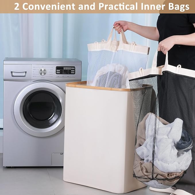 iEGrow 150L Laundry Basket with Lid, Large Laundry Hamper with Bamboo Handle, Collapsible Dirty Clothes Hamper Organizer with 2 Removable Inner Bags for Clothes Towels - Beige