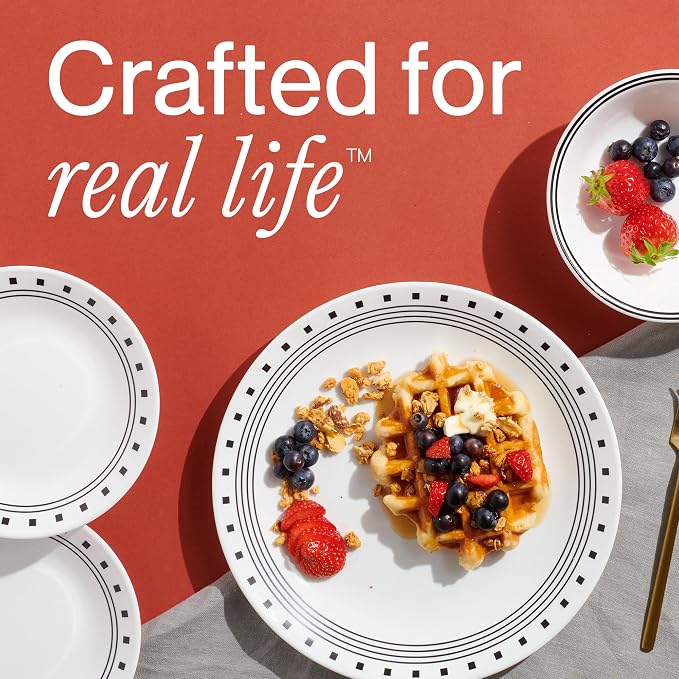 Corelle Vitrelle 18-Piece Service for 6 Dinnerware Set Triple Layer Glass and Chip Resistant, Lightweight Round Plates and Bowls Set, City Block