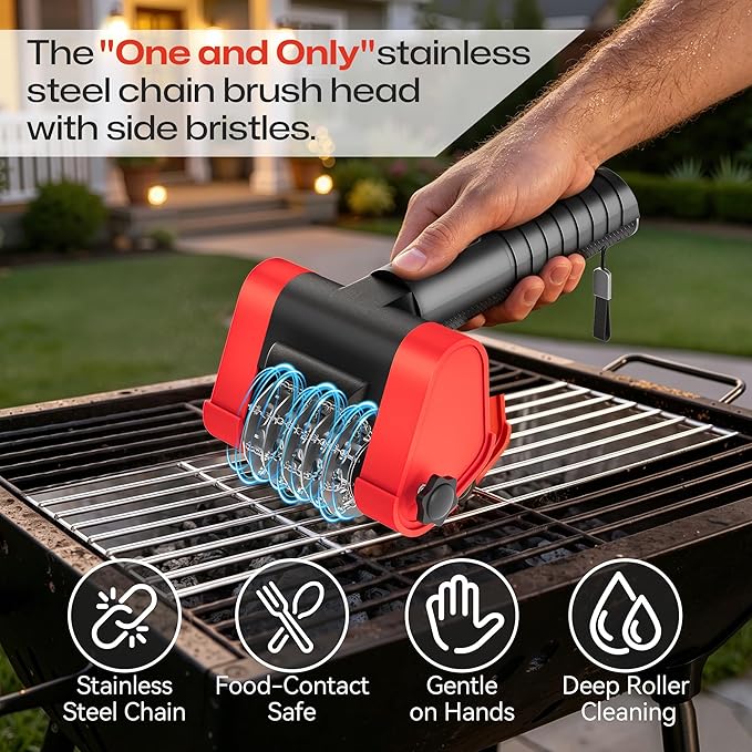 Electric Grill Brush Outdoor for Grill, 2026 Unique Stainless Steel Chain Brush Head-No Blind Spot Cleaning, No Bristle Shedding Cordless Rechargeable BBQ Grill Cleaner for Grates, Gifts for Men Dad