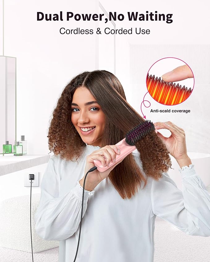 Bopcal Cordless Hair Straightener Brush, 10000mAh Rechargeable Ionic Hair Styling Comb, 30s Fast Heating Anti-Frizz Straightening Brush for Smooth Salon Results, Gift for Women