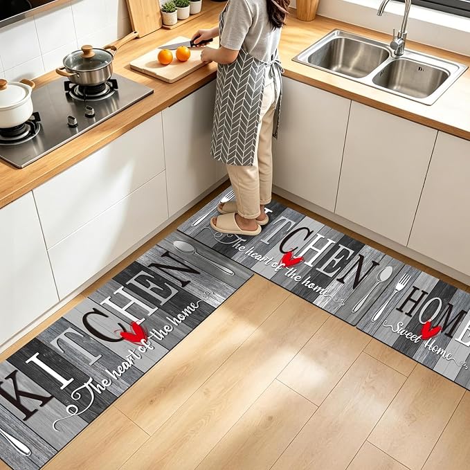 Kitchen Rugs Set 3 Piece, Non Slip Kitchen Mats for Floor, Soft Fabric with Rubber Backing, Farmhouse Anti Fatigue Runners Carpet for Home Kitchen Laundry Room Hallway (Rustic Grey & Black)
