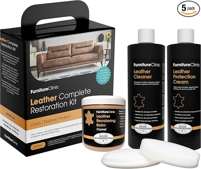 Furniture Clinic Leather Complete Restoration Kit | with Leather Recoloring Balm, Cleaner, 2-in-1 Protection Cream & Conditioner, Sponge, and Cloth | Repair Kit for Furniture (Camel)