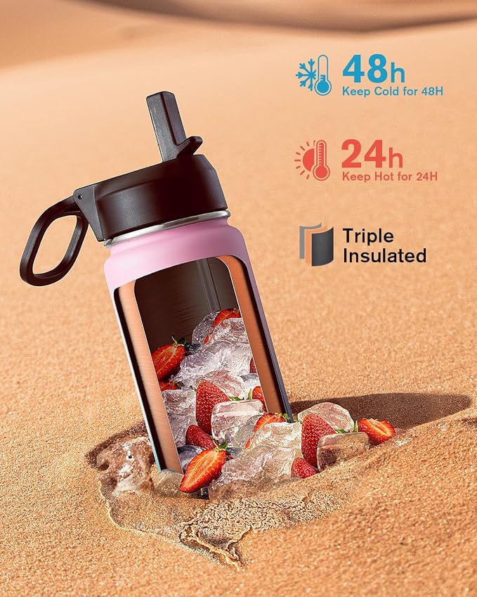 Coolflask Water Bottle 24 oz Insulated with Straw, Stainless Steel Metal 3 Lids Water Flask Wide Mouth for Sports or Office, Non-BPA Keep Cold Up to 48 Hrs or Hot Up to 24 Hrs, Bubblegum Princess