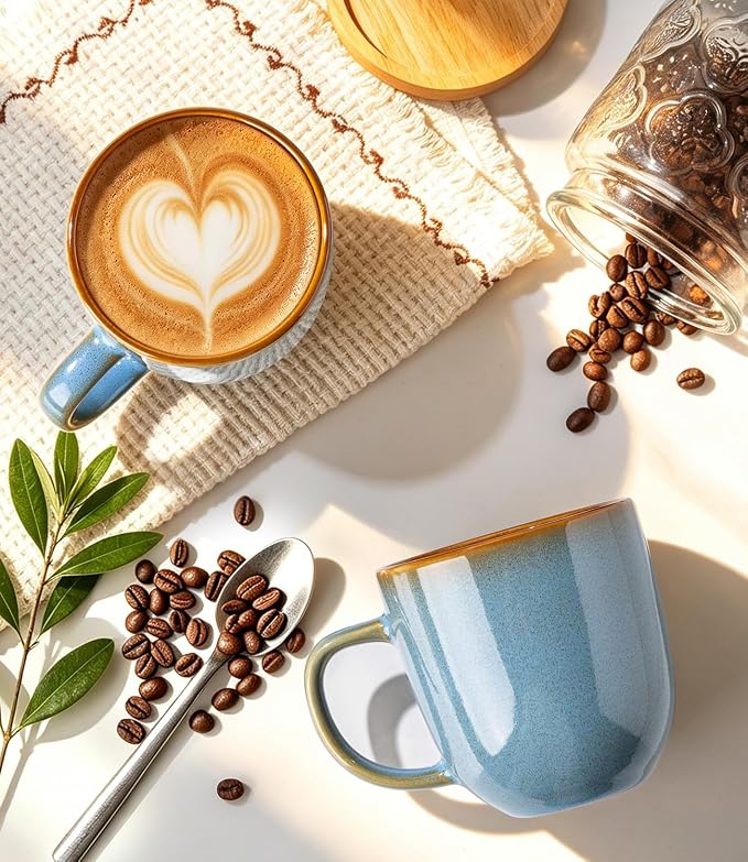 LERATIO Ceramic Coffee Mugs Set of 6,12oz Handmade Coffee Mugs Set | Large Handle for Cappuccino/Latte/Tea/Hot Cocoa,Oven &Dishwasher & Microwave Safe-Ocean Blue