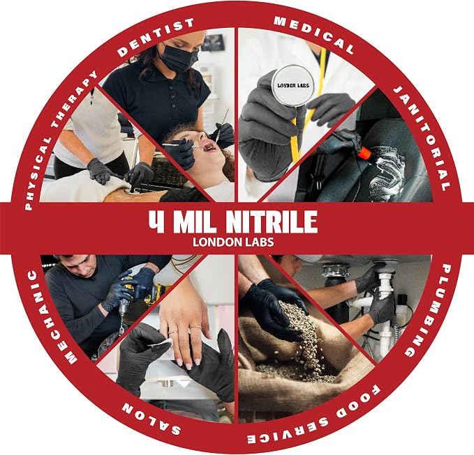 London Labs Synsafe 4 Mil - Black Nitrile Exam Gloves –Disposable Latex Free & Powder Free – Extra Strong, Rubber Gloves – First Aid Kit, Medical, EMT, Cleaning, Cooking | Pack of (100 ct)