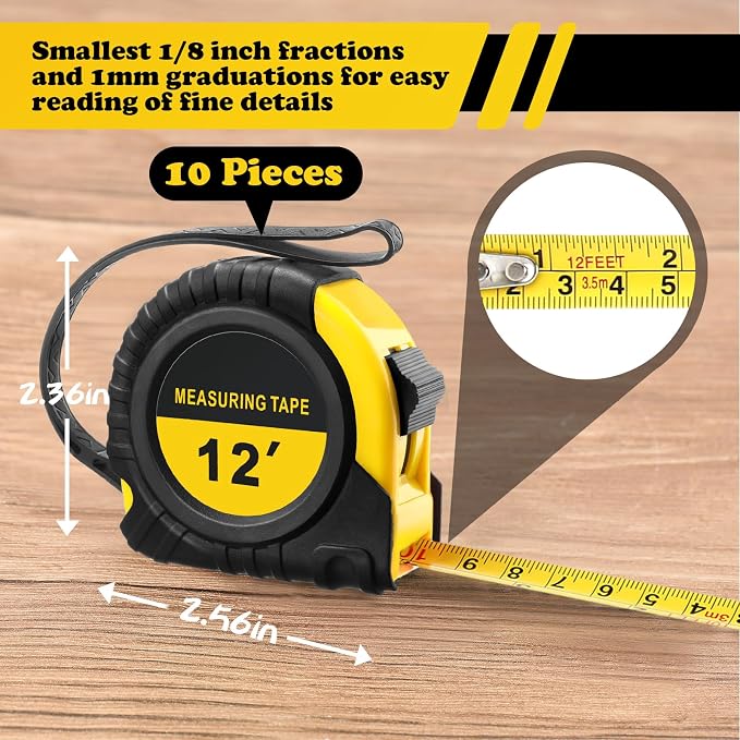 10 Pieces Tape Measure 12 ft Retractable Measuring Tape Bulk with Fractions Marked Easy Read Yellow Measuring Tape Bulk Set for Engineer Contractors, Autowind and Lock