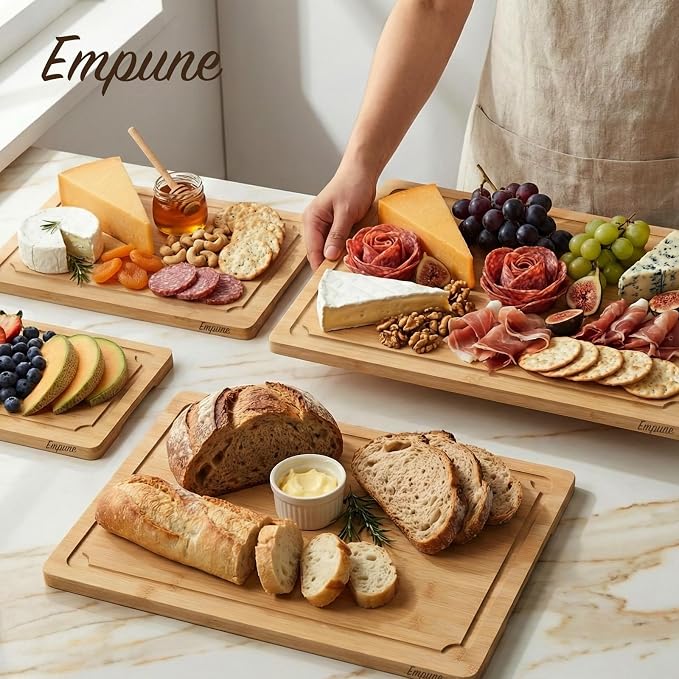 Extra Large Cutting Board Set of 4, Bamboo Cutting Boards for Kitchen with Juice Groove and Handles Kitchen Chopping Board for Meat Cheese board Heavy Duty Serving Tray, Empune