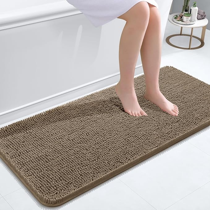 OLANLY Bathroom Runner Rugs 47x20, Extra Soft Absorbent Chenille Bath Rugs, Rubber Backing Quick Dry, Machine Washable Long Bath Mats for Bathroom Floor, Tub and Shower, Home Decor Accessories, Tan