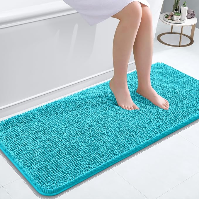 OLANLY Bathroom Runner Rugs 47x20, Soft Absorbent Chenille Bath Rugs, Rubber Backing Quick Dry, Machine Washable Long Bath Mats for Bathroom Floor, Tub and Shower, Home Decor Accessories, Aqua Sky