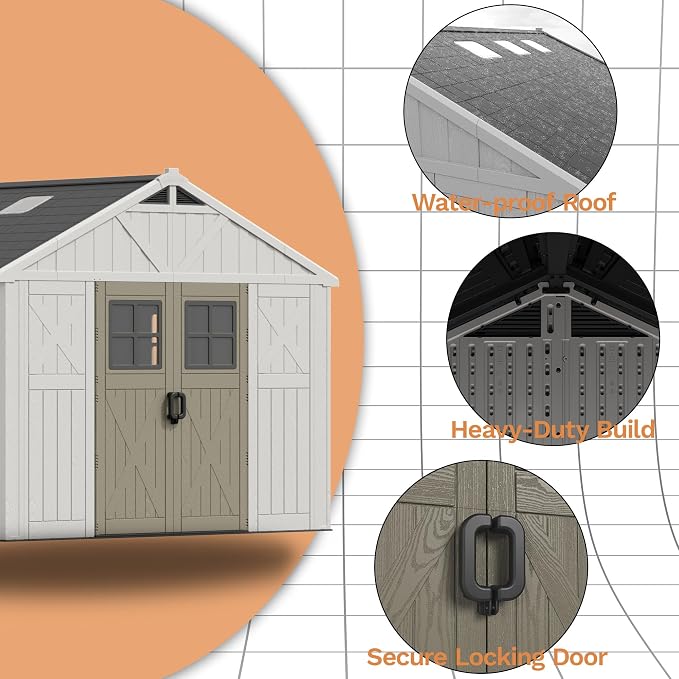 Devoko 10x12 FT Resin Outdoor Storage Shed with Floor, Beige | Large Plastic Garden Shed with Windows & Lockable Door, Multipurpose Tool Storage Shed for Patio Backyard Lawn