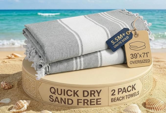 LANE LINEN 2 Pack Quick Dry Beach Towel, Oversized, 39"x71" - Alloy | Super Soft, Cotton-Rich Feel - Perfect Poolside & On Vacation - Quick-Drying & Super Absorbent - 2 Pack Alloy - Pool Day
