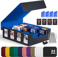 Trading Card Storage Box with Commander Display , 4-Row Deck Case with Removable Lid; 2400+ Card Deck Box for MTG TCG Sports Card, 4 Top Loaders, 4 Stoppers, 24 Dividers,1 Dice Bag (Black Blue)
