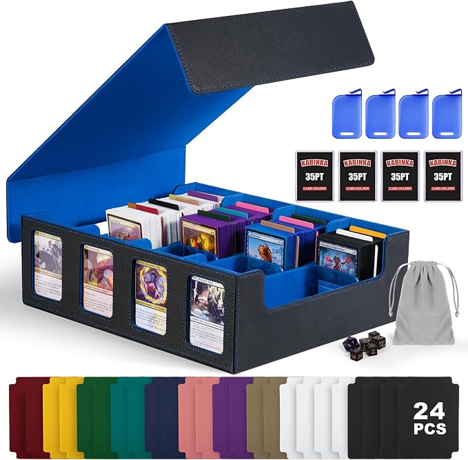 Trading Card Storage Box with Commander Display , 4-Row Deck Case with Removable Lid; 2400+ Card Deck Box for MTG TCG Sports Card, 4 Top Loaders, 4 Stoppers, 24 Dividers,1 Dice Bag (Black Blue)