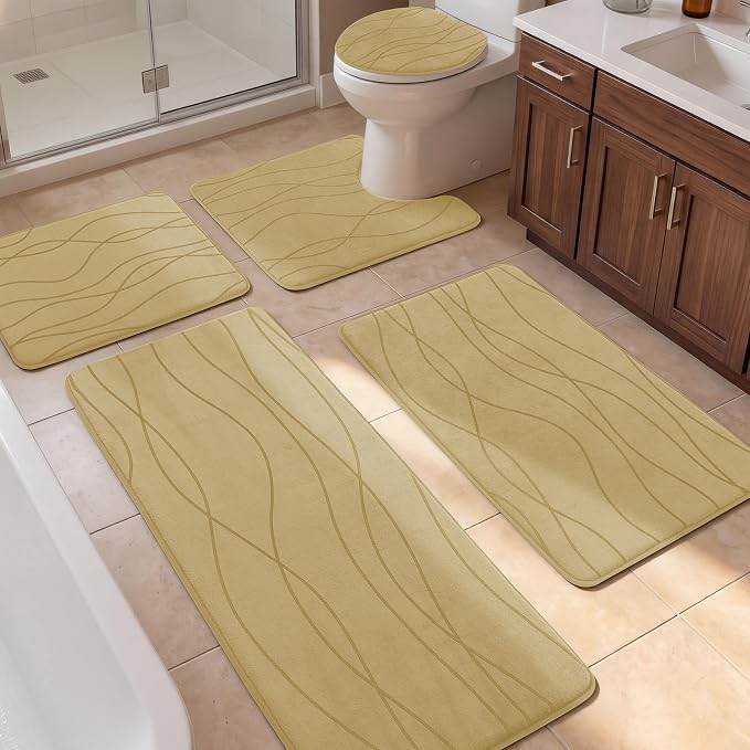 YIHOUSE Bathroom Rugs Set 5 Piece, Memory Foam Bath Mat Beige | Ultra Soft, Absorbent, Non-Slip, Machine Washable, for Bathroom, Sink and Toilet