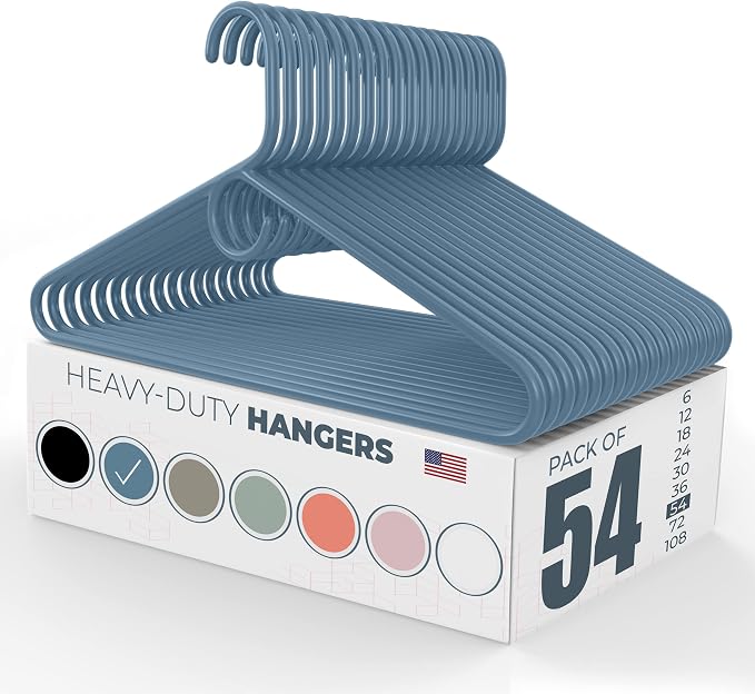 Heavy Duty Clothes Hangers 50 Pack (54 Count) – Made in the USA – 8lb Capacity Plastic Hangers for Adult Clothing – Durable for Pants, Coats, Jackets, or Jeans – Blue