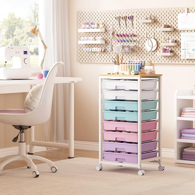 SYKIARIOL Rolling Storage Cart with Drawers,Utility Cart With 8 Drawers and Wooden Tabletop,Rolling Drawer Cart,Storage Drawer Cart for Living Room,Classroom,Bedroom,Bathroom,Dorm,Office, Ice Cream