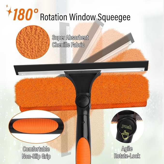 18FT High Window Cleaning Kit with Pole,2 in 1 Window Squeegee,3-12FT Professional Window Clean Pole Kit,2 Squeegee & 2 Microfibre Cloths,180°Rotatable Squeegee for Indoor/Outdoor High Windows