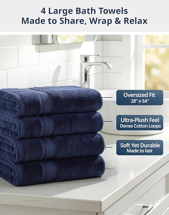 LANE LINEN Bath Towel Set 100% Cotton 4 Piece Soft Absorbent - Navy | Cotton Bath Towels - Densely Woven, Coordinated Colors, Dobby Border Accent, OEKO-TEX Certified, Zero-Twist Durability