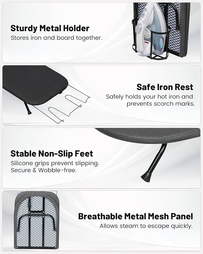 ZOES HOMEWARE Metal Mesh Panel Tabletop Ironing Board with Iron Holder & Rest, Small Tabletop Ironing Board, Compact Mini Iron Board with 8mm Thicken 100% Cotton Pad