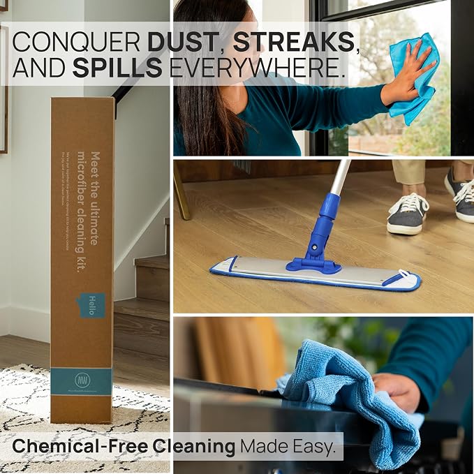 Ultimate Microfiber Cleaning Kit - Dry & Wet Mop for Hardwood, Tile, Vinyl Floors | 12Pack Microfiber Cloths | High Duster | Glass Cleaning Cloths | Reusable Mop Pads | Long Telescopic Handle