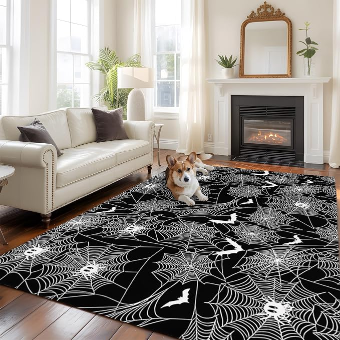 8 x 10 Ft Large Area Rug for Living Room, Halloween Indoor Accent Rugs for Bedroom, Black Scary White Bat Animal Net Geometric Decorative Modern Carpet Washable Low Pile Non Slip Rug for Dining Room