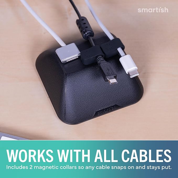 Smartish® Magnetic Cord Holder - Cable Wrangler Organizer with Magnet Clips for Charger Management on Desktop, Nightstand for USB-C + Lightning - Black Tie Affair