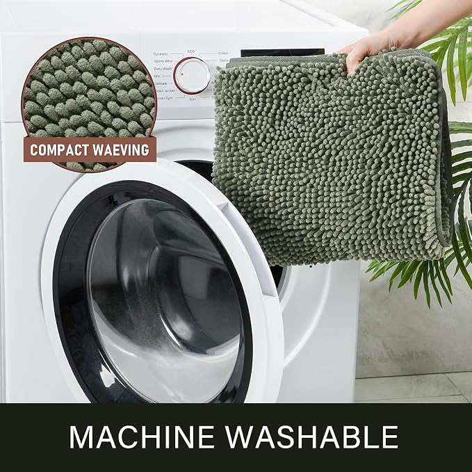 LOCHAS Luxury Bathroom Rug Shaggy Bath Mat 24 x 44 Inch, Sage Green | Washable Non Slip Bath Rugs for Bathroom Shower, Soft Plush Chenille Absorbent Carpets