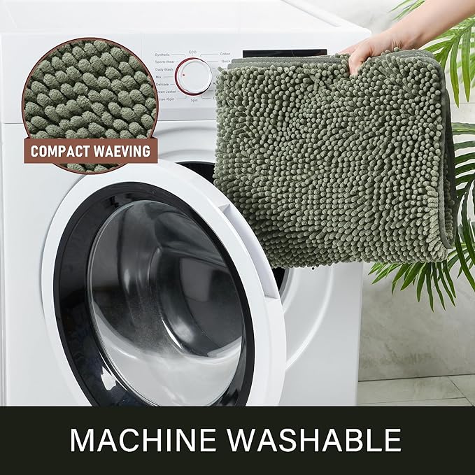 LOCHAS Luxury Bathroom Rug Shaggy Bath Mat 24 x 80 Inch, Sage Green | Washable Non Slip Bath Rugs for Bathroom Shower, Soft Plush Chenille Absorbent Carpets