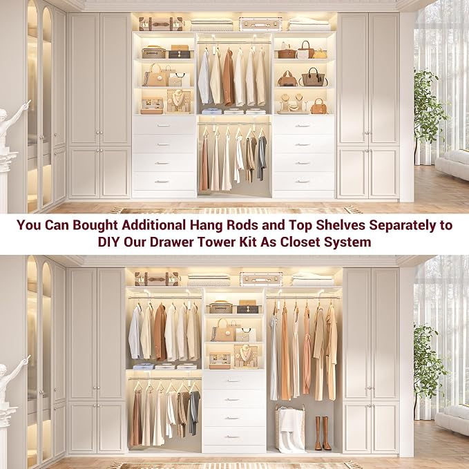 Aheaplus Closet Drawers System, 21.3" Wood Closet Organizer System with 4 Drawers, Modular Walk-in Closet System Storage Unit, Small Closets Wardrobe Rack, Tall Storage Cabinet Unit, White