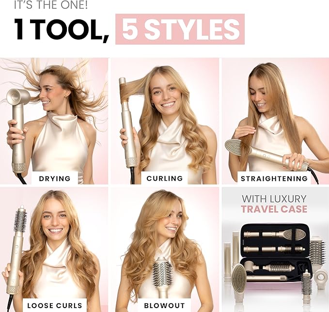 ELLA BELLA® 6 in 1 Professional Hot Air Styler • Powerful Hair Dryer & Straightener Set • Styling Without Heat Damage • Fast Drying Curling Volumizing Straightening • Includes Protective Travel Case
