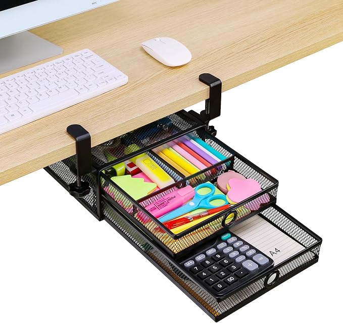 ROSYLINE Under Desk & Desktop Drawer Organizer, 2-Tier Big Capacity (Black) | Steel Construction, Clip-On No Drill Installation, Fits A4 Paper, for Office & Household Supplies