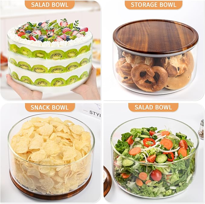 155 Oz Large Glass Trifle Bowl, Glass Salad Bowl with Acacia Wood Lid, Premium Serving Bowls for Cake, Salad, Fruit, Baking, Dessert, Meal Prep, Storing, Microwave & Oven Safe, BPA Free