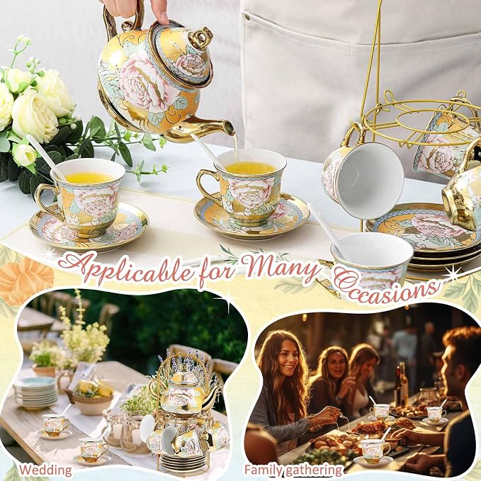 Zhehao 20 Pcs Porcelain Tea Set with Metal Holder and Spoon Adult Ceramic Tea Set European Flower Painting Teapot Cup Saucer Spoon for Women Mom Gift, Large Version (Classic Style)
