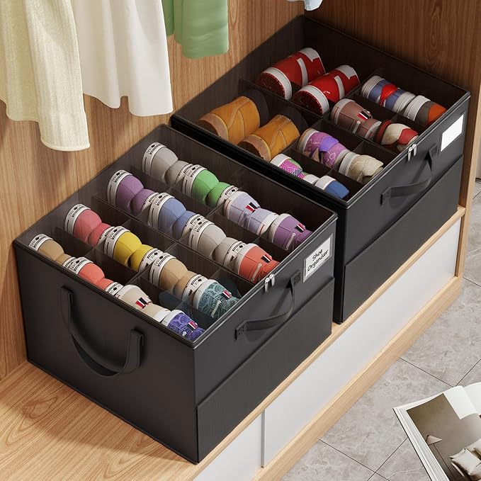 NestOrganix 2 Pack Shoe Organizer for Closet, Large Shoe Box Storage Containers, Foldable Shoe Storage Organizer Box Bin with Adjustable Dividers and Clear Cover, Space Saving Shoes Holder, Black