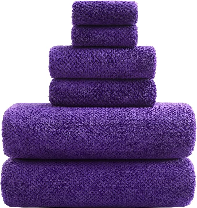 YTYC 29x59 Bath Towels Set,Towels for Bathroom,Violet Purple,6-Pieces | 2 Large Bath towels,2 Hand towels (14x29"),2 Washcloth (13x13"),Super Soft,Highly absorbent,Hanging Loop,80%Polyester