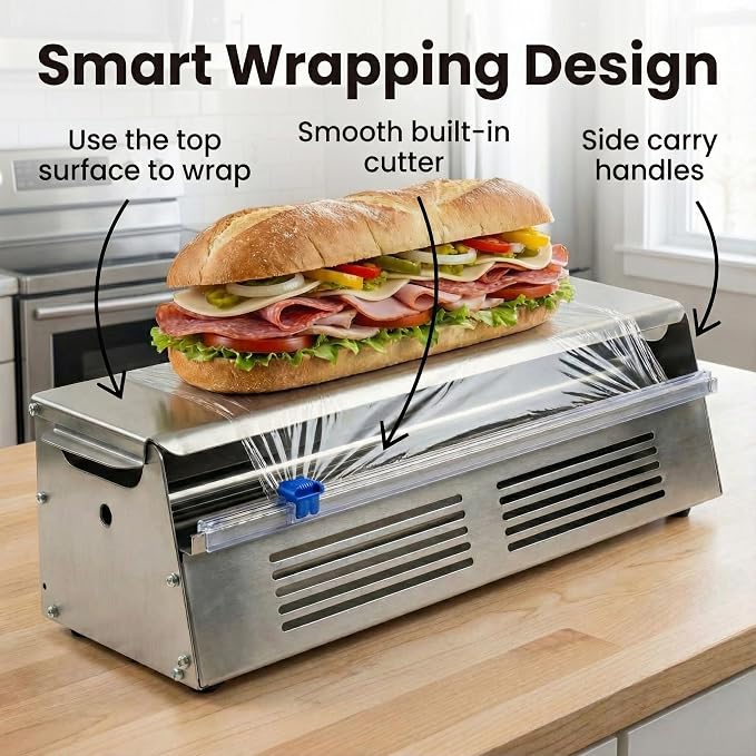 Stainless Steel Kitchen Dispenser for Foil, Plastic Wrap & Kraft Paper – Heavy-Duty Countertop Wrap Organizer – Fits Up to 18” Rolls – Modern Kitchen Gadget, Aluminum Foil & Cling Film Cutter