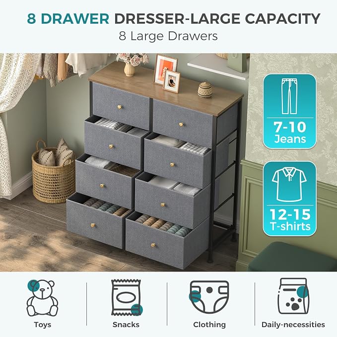 OLIXIS 8 Drawer Storage Dresser with Wood Top - Wide Fabric Chest Organizer for Bedroom, Closet, Living Room,Tower Cabinet, TV Stand, Hallway Entryway Furniture,Gray Blue