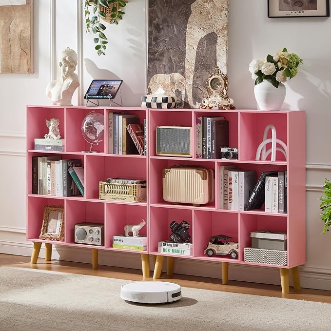 LEYAOYAO 8 Cube Bookshelf,Mid-Century Modern Bookcase with Legs,Light Pink | 3 Tier Book Shelf,Rustic Wood Bookshelves Freestanding Large Storage Organizer, Open Shelves for Bedroom, Living Room, Office