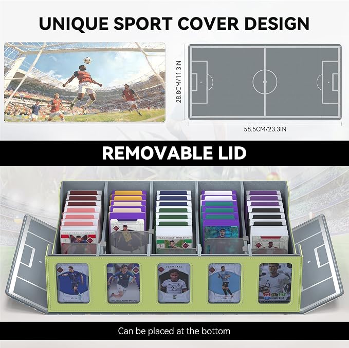 Kabinka Soccer Card Storage Box with Window Display, 5-Row Sport Card Storage Box, 3900+ Card Deck Box for Soccer Sports Card TCG, 5 Top Loaders, 5 Stoppers, 48 Dividers, 1 Dice Tray (Soccer 3)