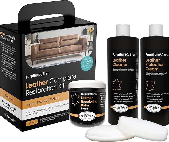 Furniture Clinic Leather Complete Restoration Kit | with Leather Recoloring Balm, Cleaner, 2-in-1 Protection Cream & Conditioner, Sponge, and Cloth | Repair Kit for Furniture (Black)