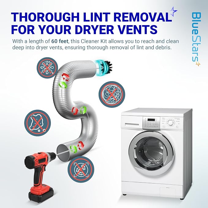 [New] BlueStars 60FT Dryer Vent Cleaner Kit with Drill Attachment | Flexible lint remover brush extends up to 60 ft and works with or without a power drill