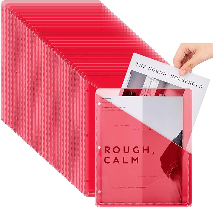 Seajan 100 Pcs Pocket Folders for 3 Ring Binder Clear Plastic Folders Sleeves with 2 Pockets 3 Hole Punch Binder Dividers Poly Slash File Jackets for Office School Document Organizer (Red)