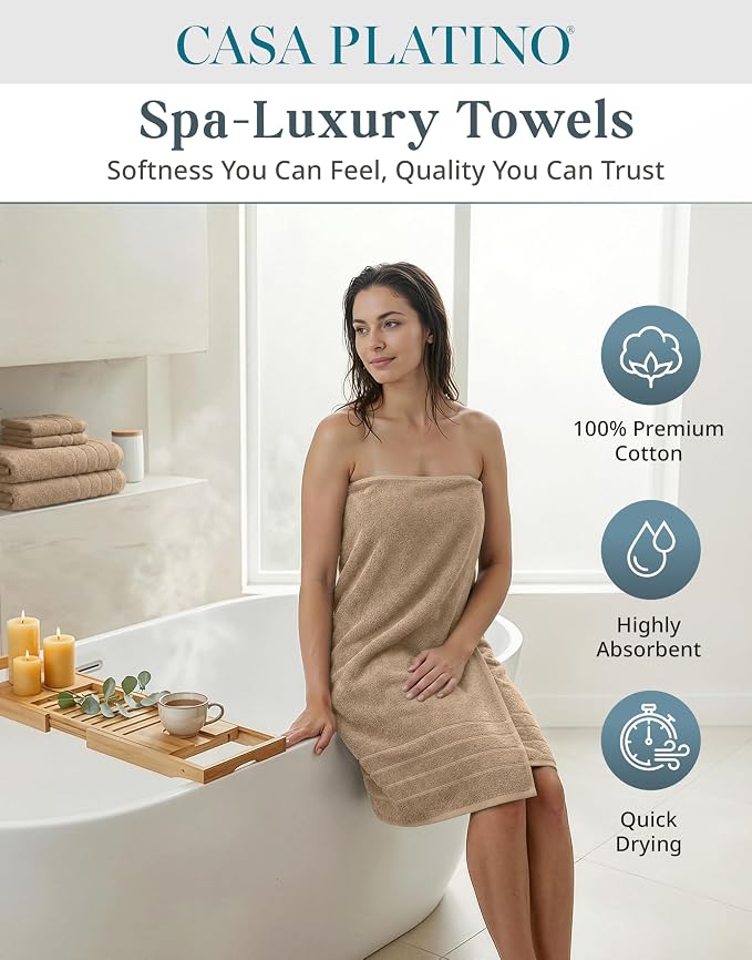 Casa Platino Bath Towel Set Quick Dry 100% Cotton 12 Piece Soft - Beige | Cotton Towels - Classic Terry Weave, Densely Woven, Coordinated Colors, Dobby Border Accent, OEKO-TEX Certified