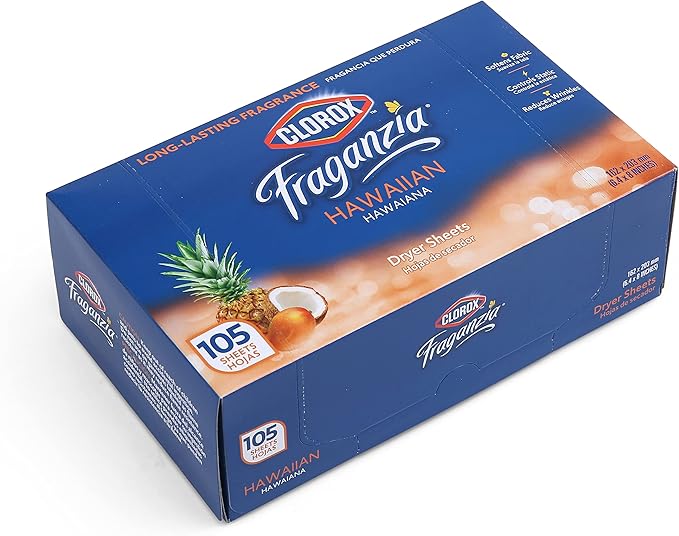 Clorox Fraganzia Fabric Softener Dryer Sheets, Wrinkle Reducing Anti Static, Great Smelling Clothes Softens Fabrics, Hawaiian Escape Scent, 105 Count
