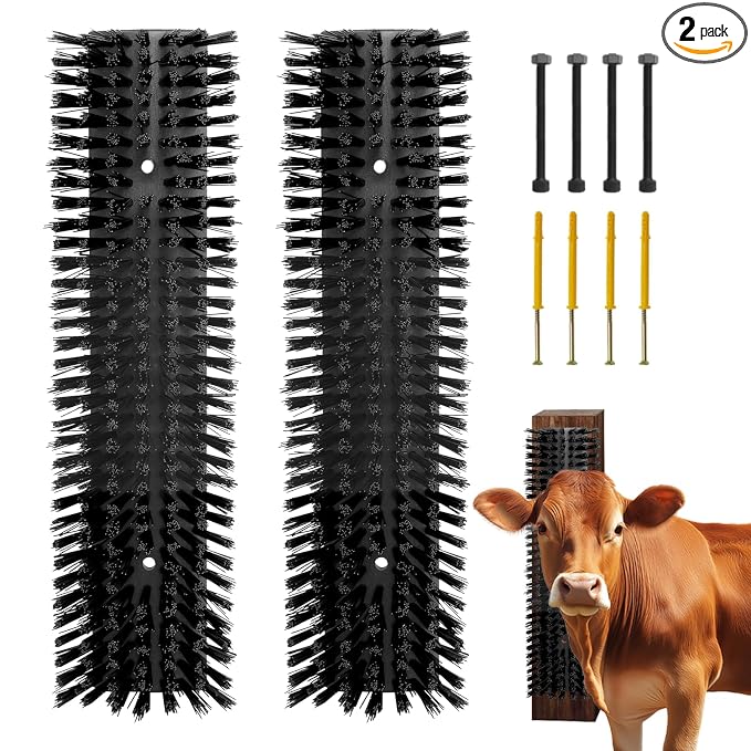 Livestock Scratch Brush With 8 Screws，Animal Back Scratching Brush for Cow,Cattle,Sheep, Horses,Pigs，Massage Grooming Tool (Black, 2pcs)